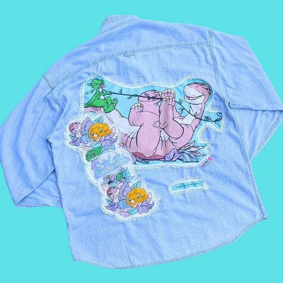 Handmade, Upcycled The Land Before Time Denim Shirt/Jacket Size 2XL - Picture 1 of 4
